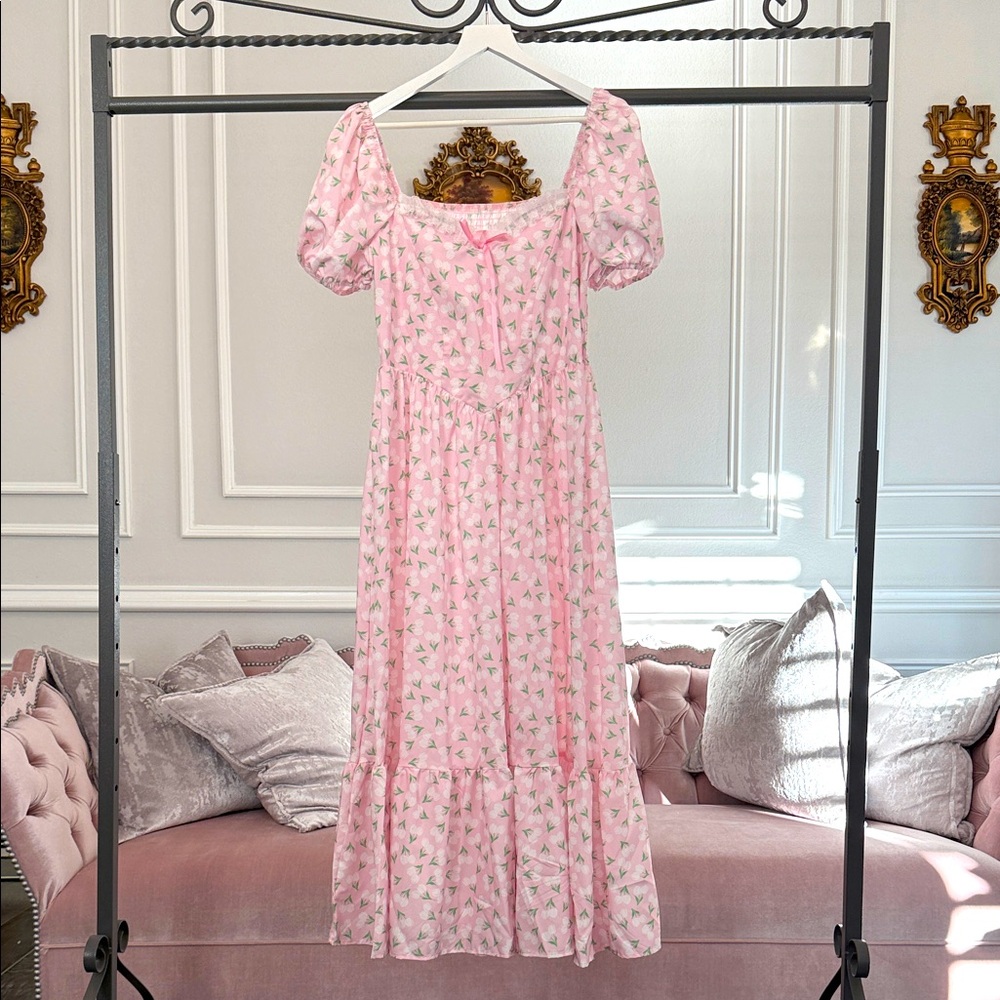 NWOT Pink Floral Puff Sleeve Dress SIZE LARGE MIDI
